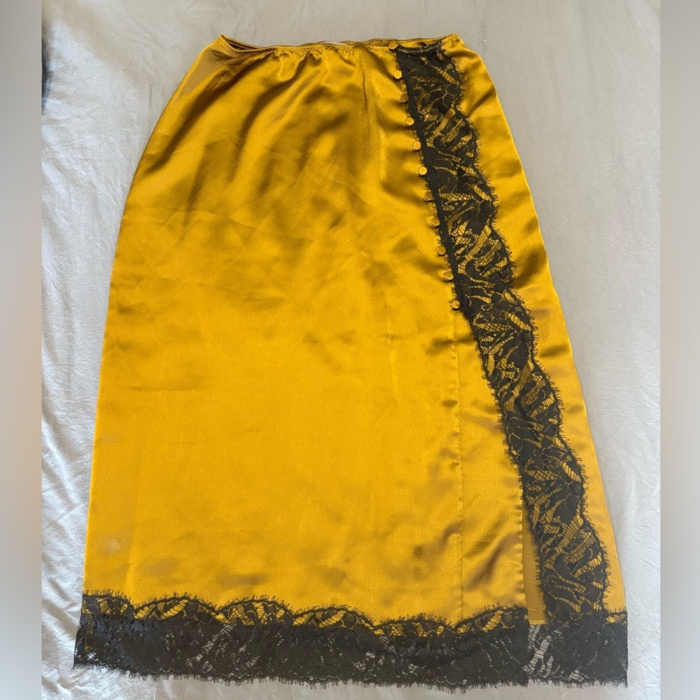 Mustard Yellow Satin Midi Skirt with Black Lace Trim